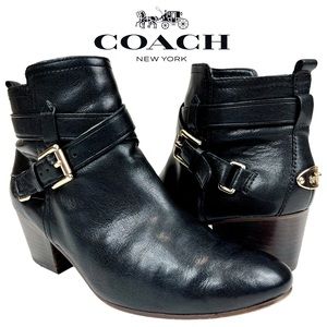 Coach Pauline‎ Women’s 7 Black Leather Ankle Boots Gold Hardware Block Heel